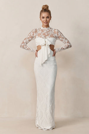 Keyhole Lace Illusion Neck Sheath Wedding Dress in White - KissProm Wedding Dresses
