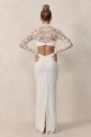 Keyhole Lace Illusion Neck Sheath Wedding Dress in White - KissProm Wedding Dresses