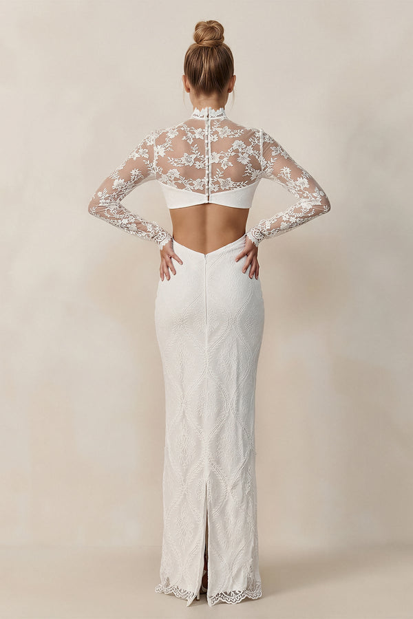 Keyhole Lace Illusion Neck Sheath Wedding Dress in White - KissProm Wedding Dresses