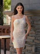 Kezzy | Champagne - Sheath One Shoulder Sequined Homecoming Dresses - KissProm