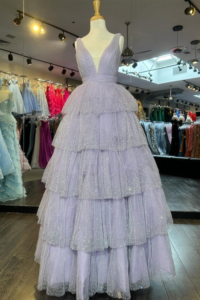 Khloe | Lavender Tulle Sequin V - Neck Ruffle Tiered Long Prom Dress - KissProm