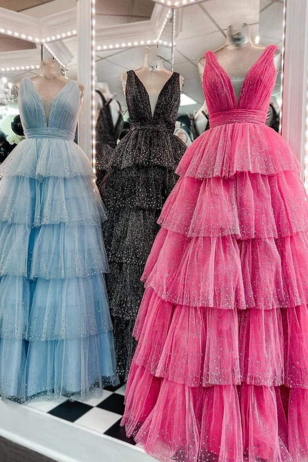 Khloe | Lavender Tulle Sequin V - Neck Ruffle Tiered Long Prom Dress - KissProm