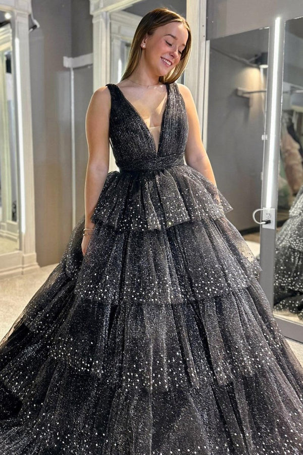 Khloe | Lavender Tulle Sequin V - Neck Ruffle Tiered Long Prom Dress - KissProm