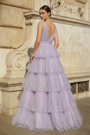 Lavender Tulle Sequin V - Neck Ruffle Tiered Long Prom Dress - KissProm