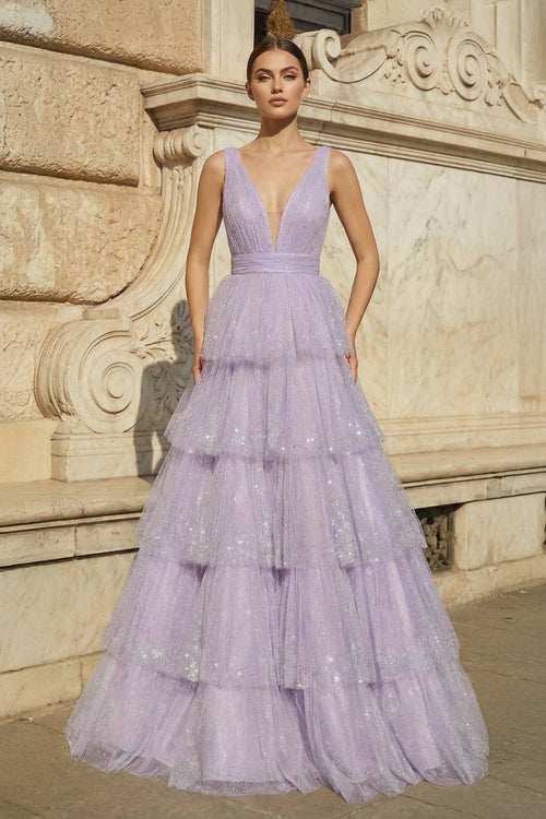 Lavender Tulle Sequin V - Neck Ruffle Tiered Long Prom Dress - KissProm
