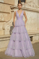Lavender Tulle Sequin V - Neck Ruffle Tiered Long Prom Dress - KissProm