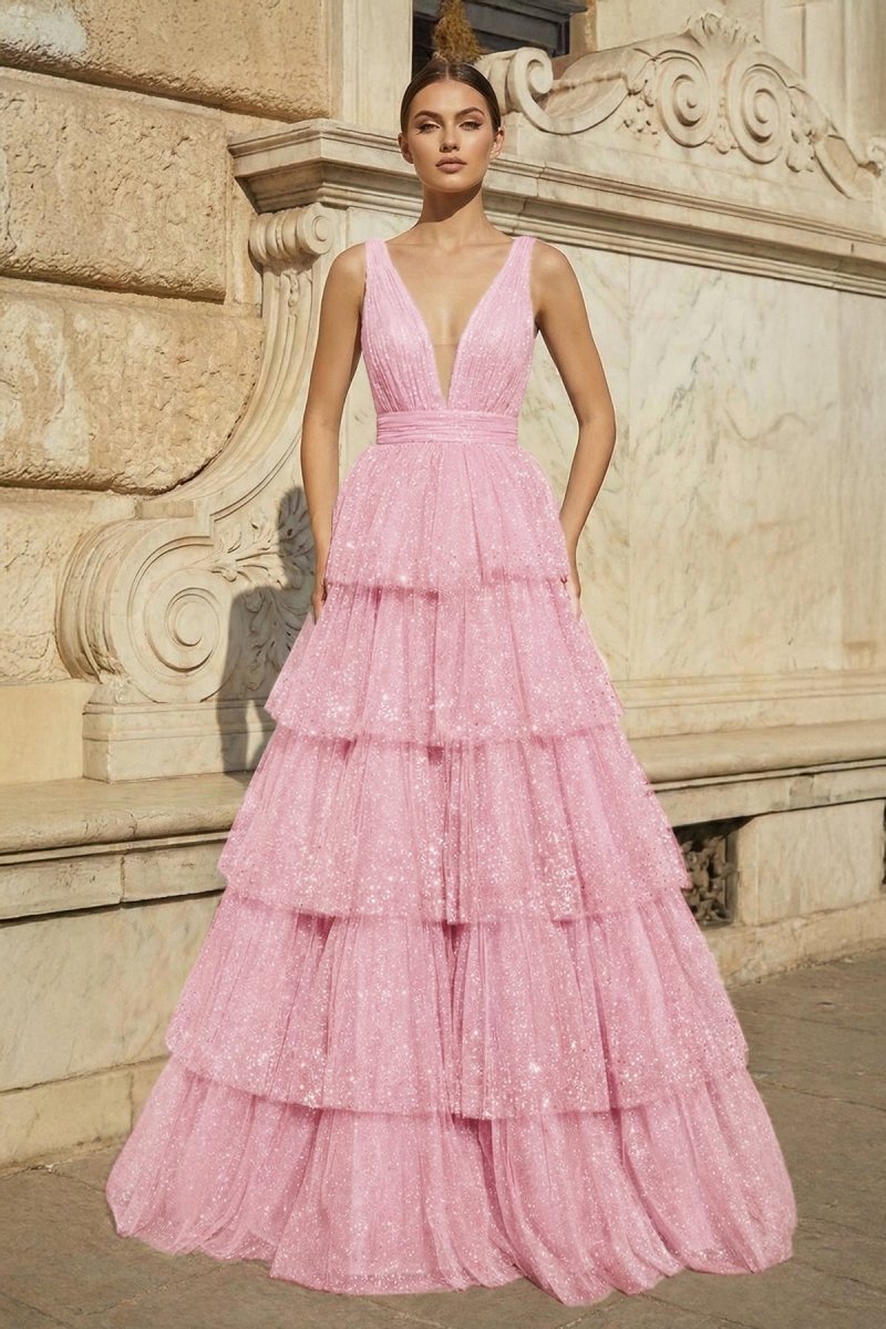 Lavender Tulle Sequin V-Neck Ruffle Tiered Long Prom Dress