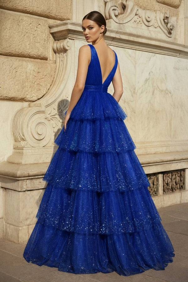 Lavender Tulle Sequin V-Neck Ruffle Tiered Long Prom Dress, Royal Blue / 2 Lavender Tulle Sequin V-Neck Ruffle Tiered Long Prom Dress, Royal Blue / 2