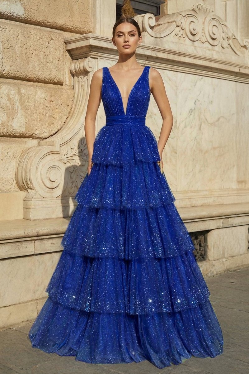 Lavender Tulle Sequin V-Neck Ruffle Tiered Long Prom Dress