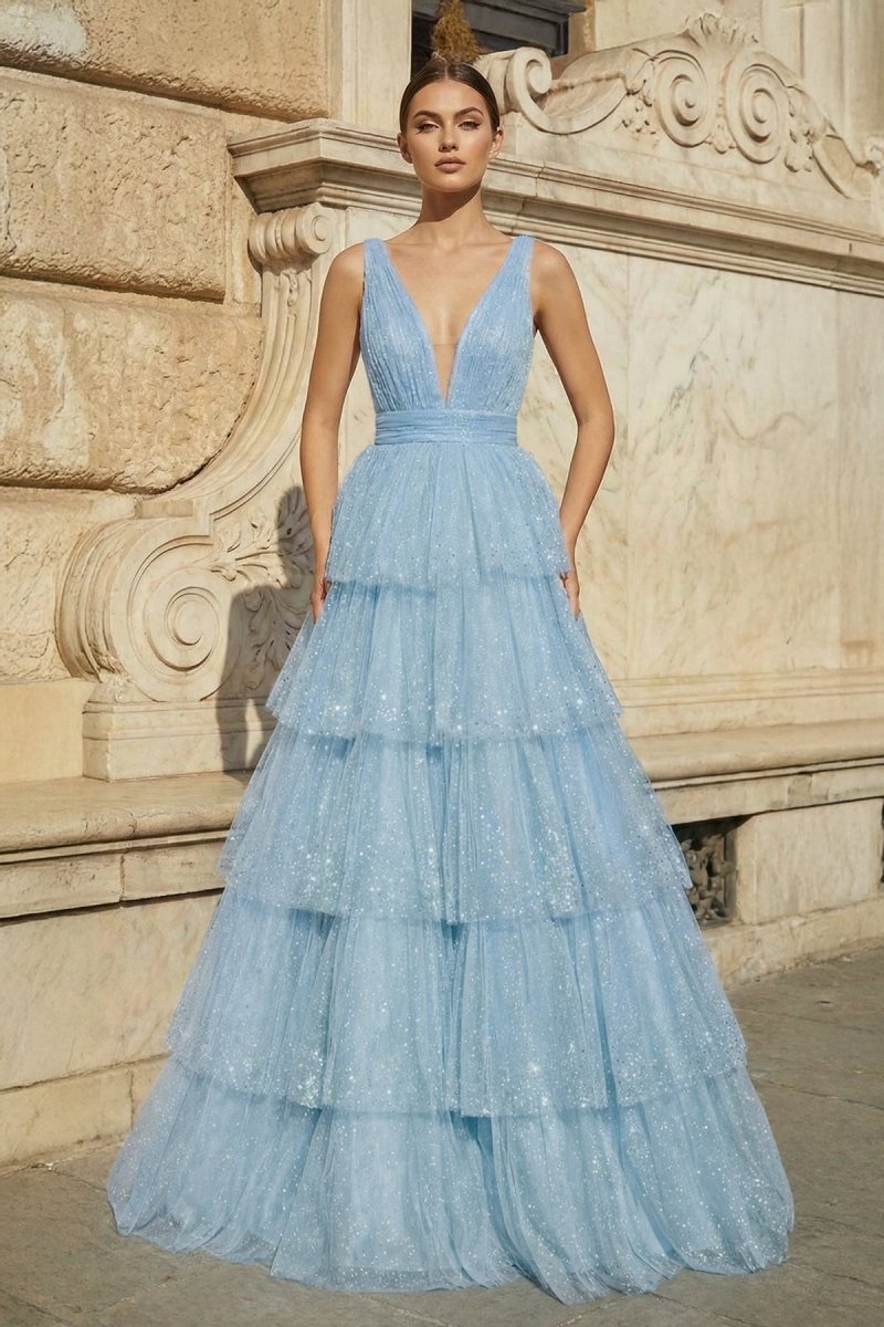Lavender Tulle Sequin V-Neck Ruffle Tiered Long Prom Dress