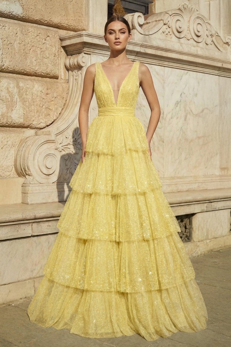 Lavender Tulle Sequin V-Neck Ruffle Tiered Long Prom Dress Yellow / 18 Lavender Tulle Sequin V-Neck Ruffle Tiered Long Prom Dress Yellow / 18