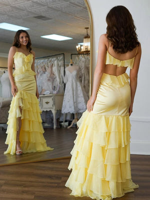 Khris | Mermaid V-Neck Yellow Ruffle Chiffon Long Prom Dresses with Flower