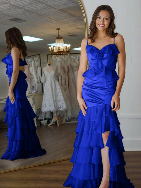 Khris | Mermaid V-Neck Yellow Ruffle Chiffon Long Prom Dresses with Flower