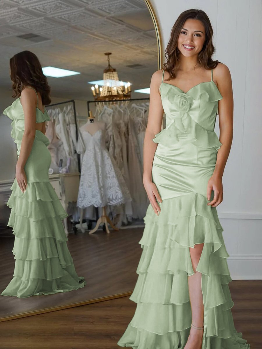 Khris | Mermaid V-Neck Sage Green Ruffle Chiffon Long Prom Dresses with Flower - KissProm