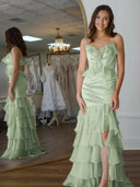Khris | Mermaid V-Neck Yellow Ruffle Chiffon Long Prom Dresses with Flower