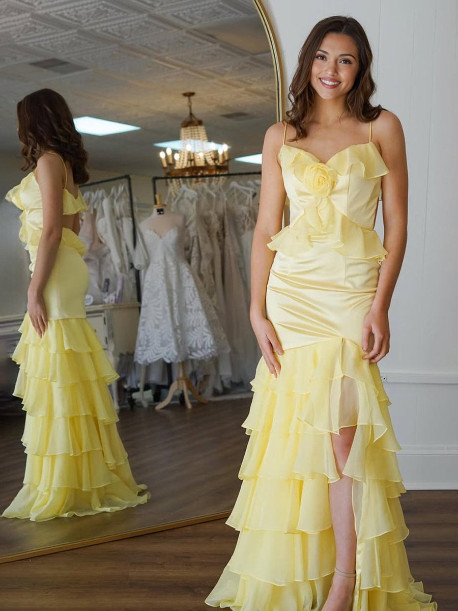 Khris | Mermaid V-Neck Yellow Ruffle Chiffon Long Prom Dresses with Flower