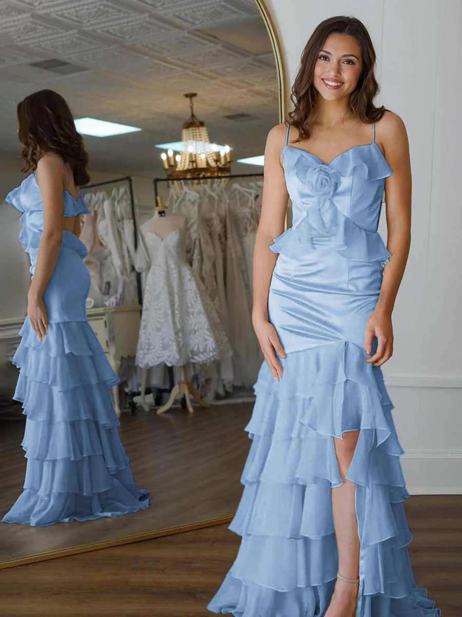 Khris | Mermaid V-Neck Sky Blue Ruffle Chiffon Long Prom Dresses with Flower - KissProm