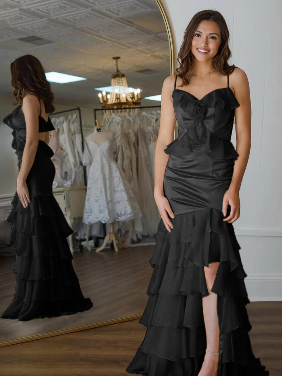 Khris | Mermaid V-Neck Yellow Ruffle Chiffon Long Prom Dresses with Flower