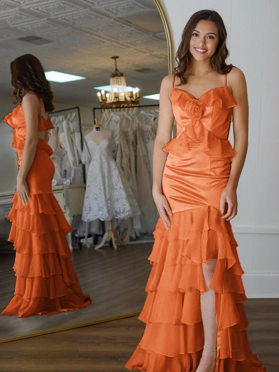 Khris | Mermaid V-Neck Yellow Ruffle Chiffon Long Prom Dresses with Flower