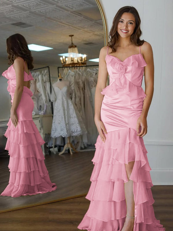 Khris | Mermaid V-Neck Yellow Ruffle Chiffon Long Prom Dresses with Flower