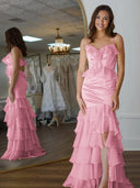 Khris | Mermaid V-Neck Yellow Ruffle Chiffon Long Prom Dresses with Flower
