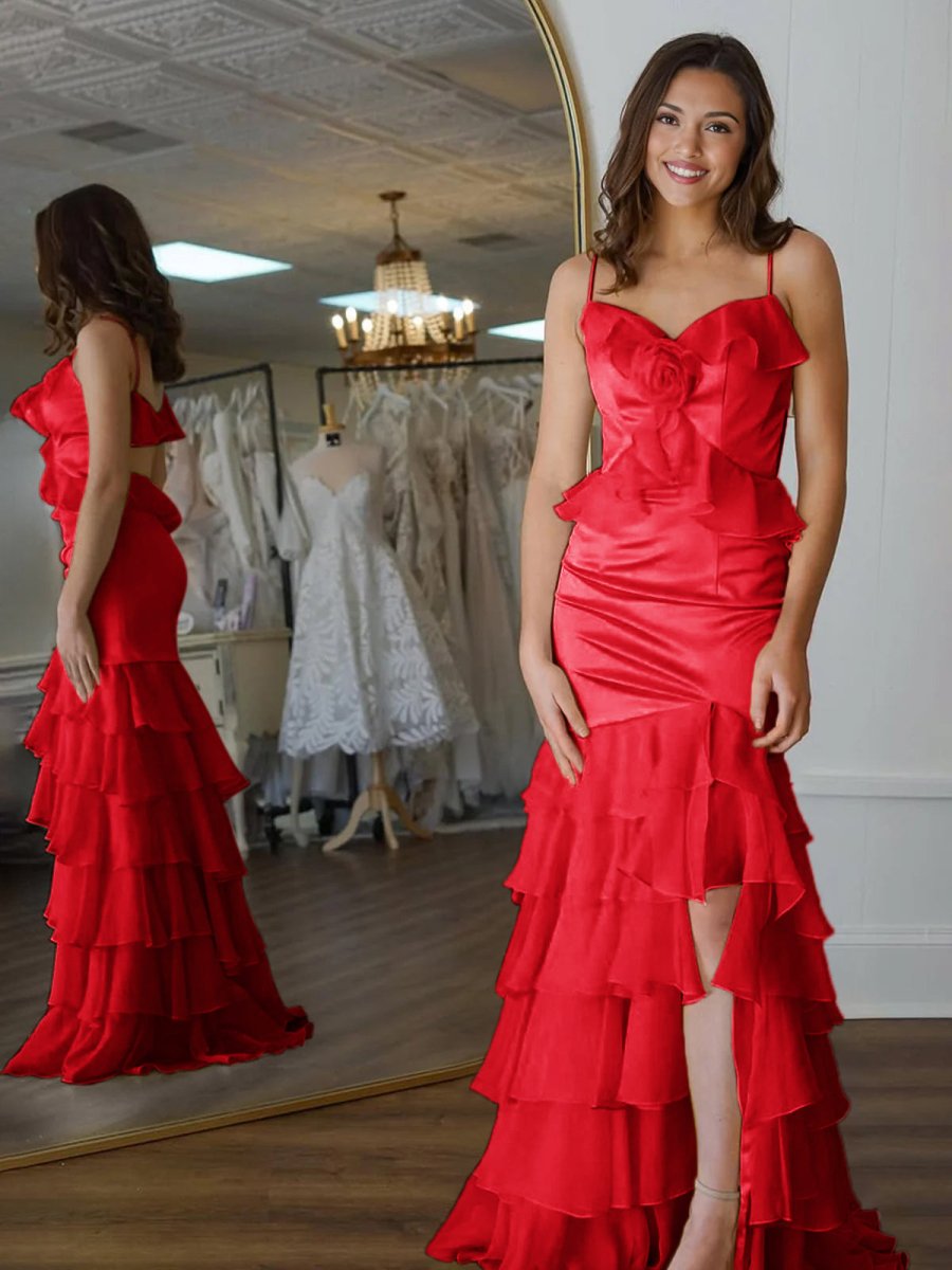 Khris | Mermaid V-Neck Yellow Ruffle Chiffon Long Prom Dresses with Flower