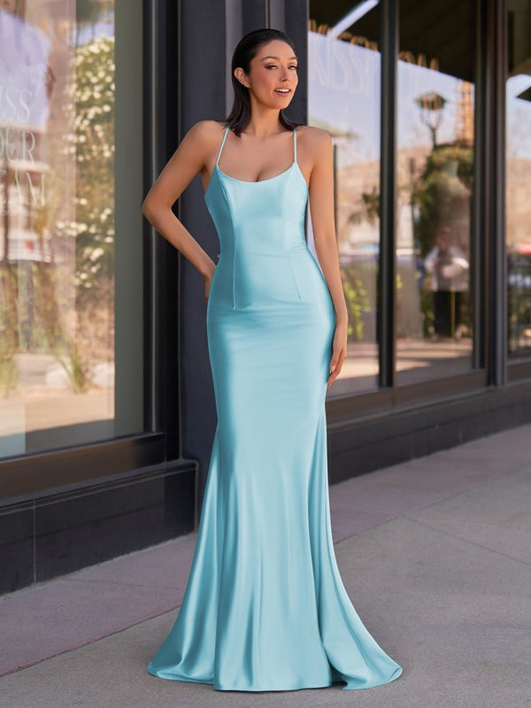 Cute Mermaid Spaghetti Straps Satin Long Prom Dress Sky Blue / 16