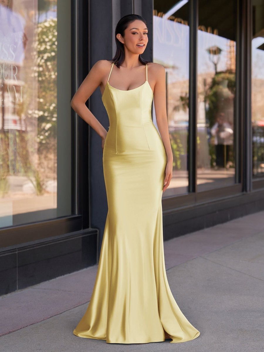 KissProm Cute Mermaid Spaghetti Straps Satin Long Prom Dress, Yellow / 2