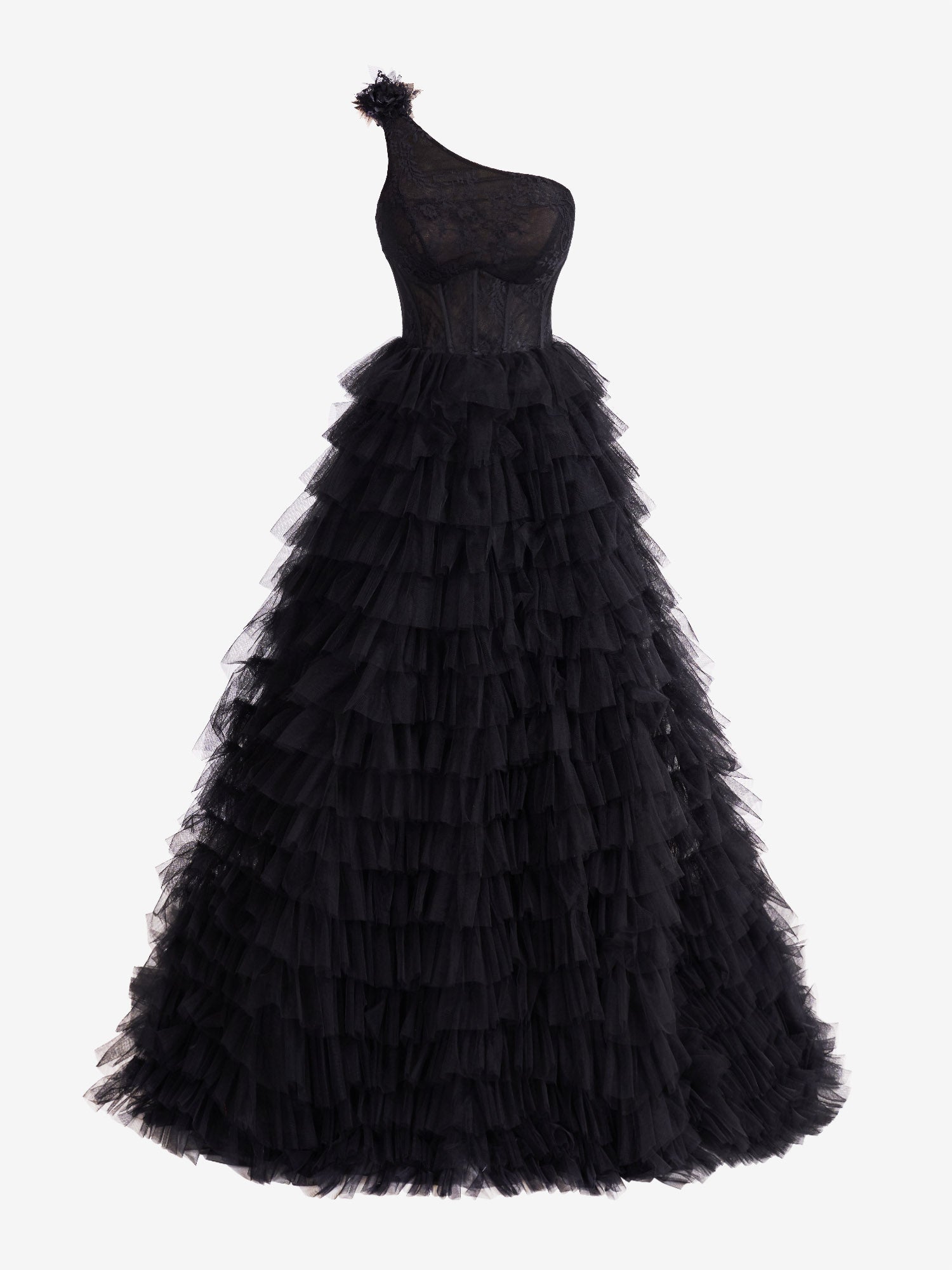 Kinsley | Black A Line One Shoulder Tiered Long Prom Dress