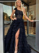 Kinsley | Black A Line One Shoulder Tiered Long Prom Dress - KissProm