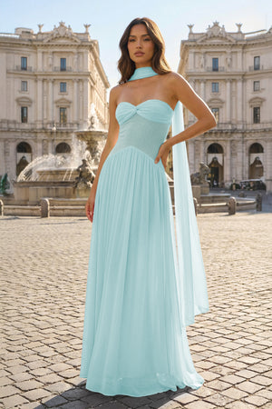 KissProm- Aqua Strapless A Line Chiffon Pleated Long Prom Dresses