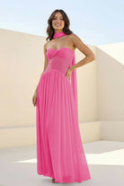 Kiora | Pink - Strapless A Line Chiffon Pleated Long Prom Dresses - KissProm