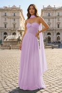 Pink Strapless A Line Chiffon Pleated Long Prom Dresses - KissProm