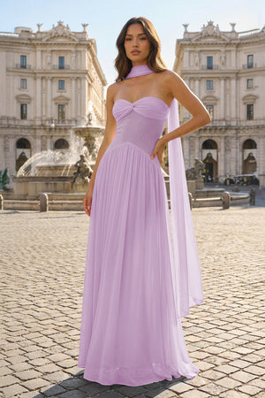 KissProm- Lavender  Strapless A Line Chiffon Pleated Long Prom Dresses