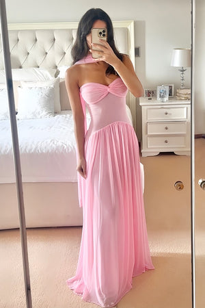 Kiora | Pink - Strapless A Line Chiffon Pleated Long Prom Dresses - KissProm