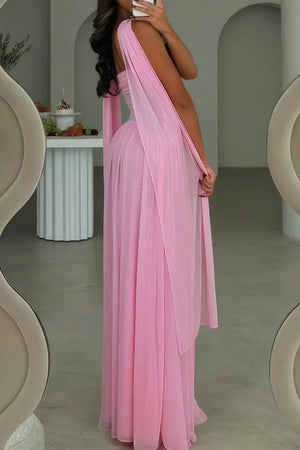 Kiora | Pink - Strapless A Line Chiffon Pleated Long Prom Dresses - KissProm