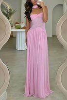 Kiora | Pink - Strapless A Line Chiffon Pleated Long Prom Dresses - KissProm
