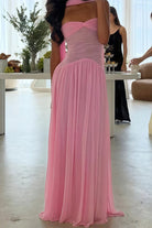 Kiora | Pink - Strapless A Line Chiffon Pleated Long Prom Dresses - KissProm