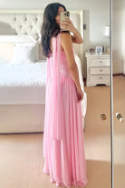 Kiora | Pink - Strapless A Line Chiffon Pleated Long Prom Dresses - KissProm