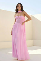 Kiora | Pink - Strapless A Line Chiffon Pleated Long Prom Dresses - KissProm