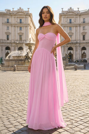 KissProm- Pink Strapless A Line Chiffon Pleated Long Prom Dresses