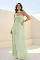 Kiora | Pink - Strapless A Line Chiffon Pleated Long Prom Dresses - KissProm