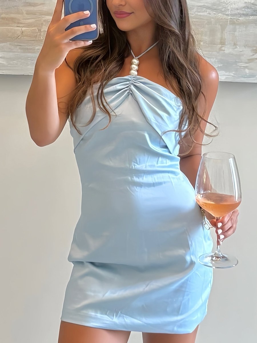 Kira | Blue - Halter Sheath Satin Short Homecoming Dresses With Pearls