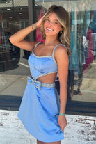Kiro | Spaghetti Straps Blue Cutout Homecoming Dress with Bow