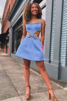 Kiro | Spaghetti Straps Blue Cutout Homecoming Dress with Bow