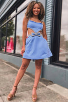 Kiro | Spaghetti Straps Blue Cutout Homecoming Dress with Bow
