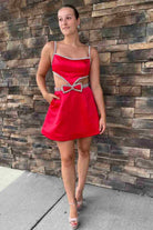 Kiro | Spaghetti Straps Blue Cutout Homecoming Dress with Bow