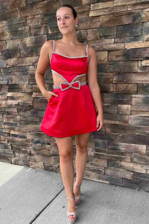Kiro | Spaghetti Straps Blue Cutout Homecoming Dress with Bow