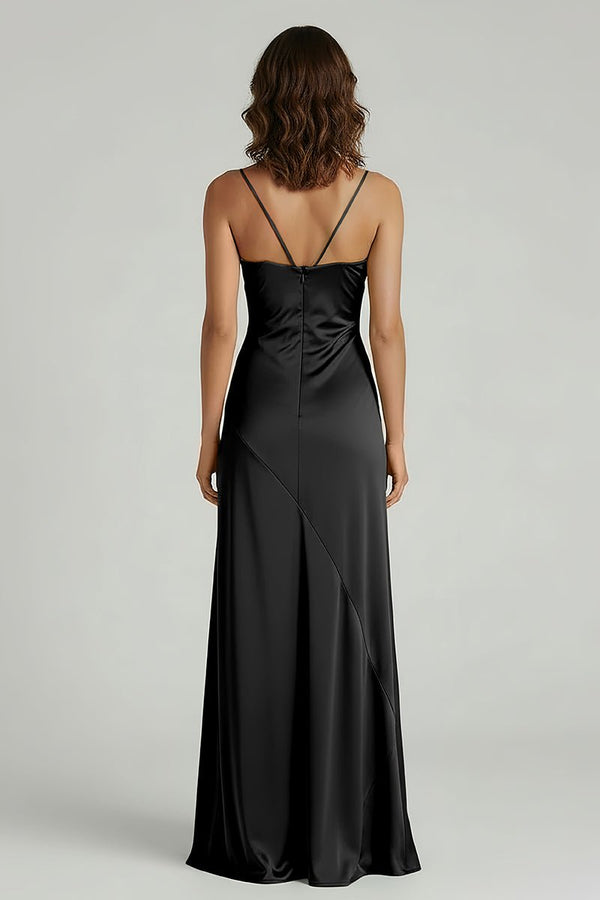 Spaghetti Straps Long Sheath Prom Dress With Split, Black / 10