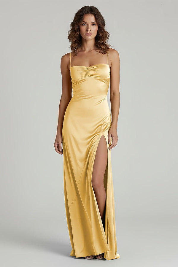 Spaghetti Straps Long Sheath Prom Dress With Split Gold / 00